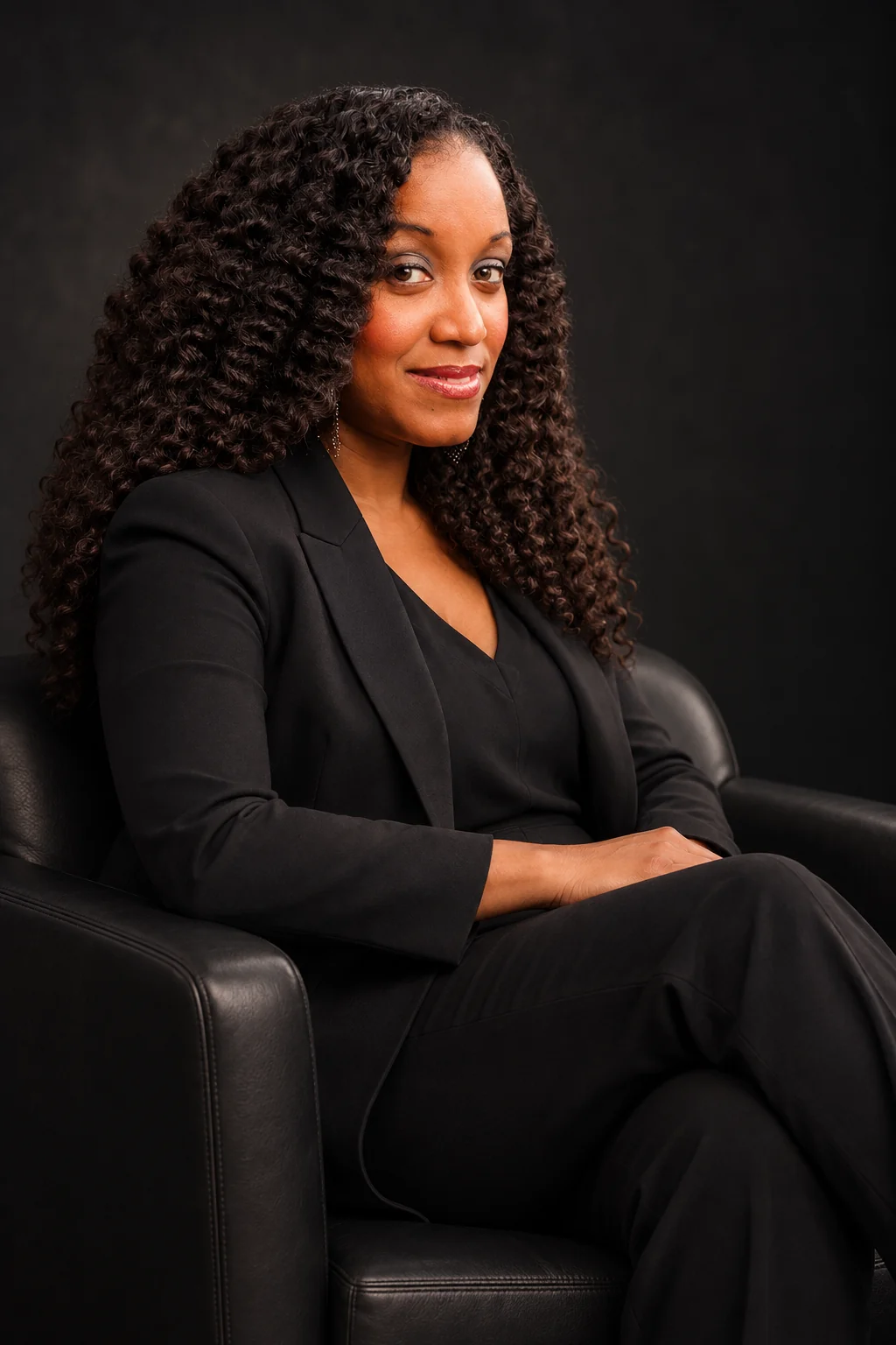 The Hybrid Techie founder seated in a black suit against a dark studio background